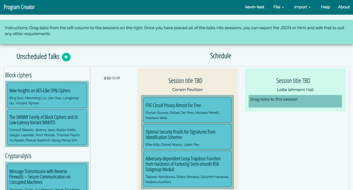 screenshot of conference program creator