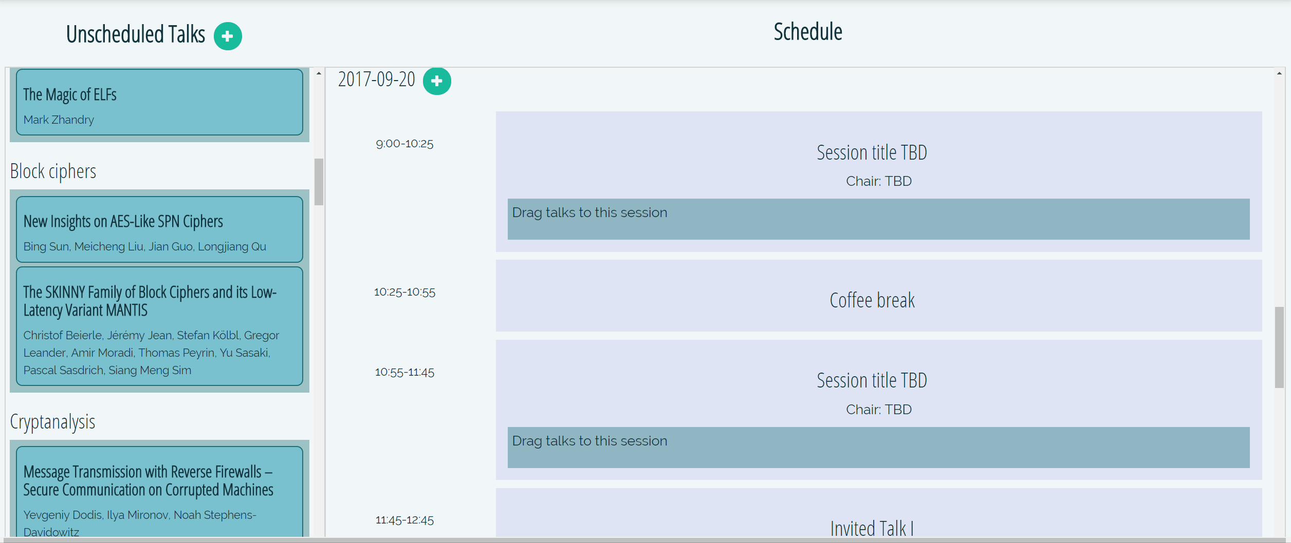 Moving gif image of what dragging and dropping talks into sessions looks like, as well as the modal that appears when you're editing a talk.