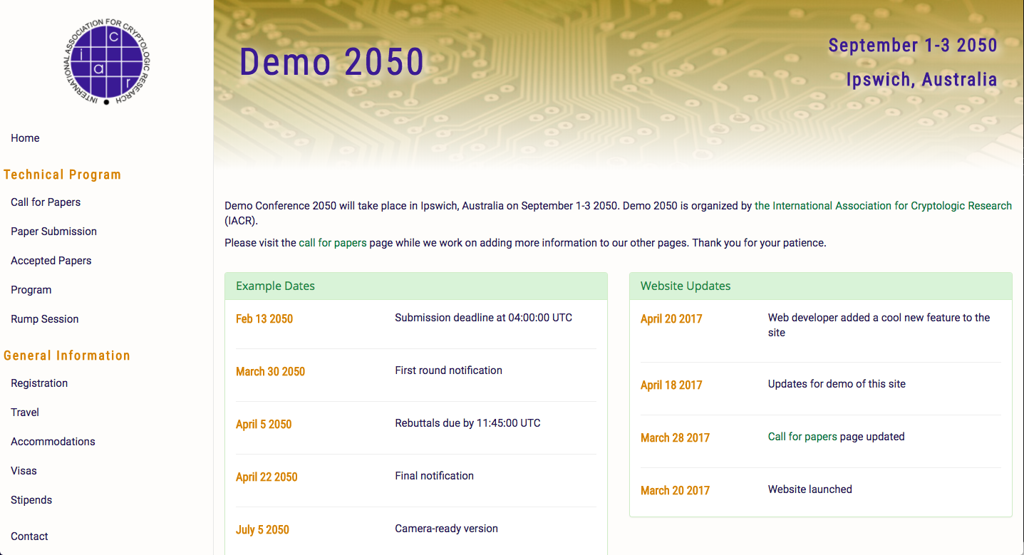 screenshot of reusable conference template